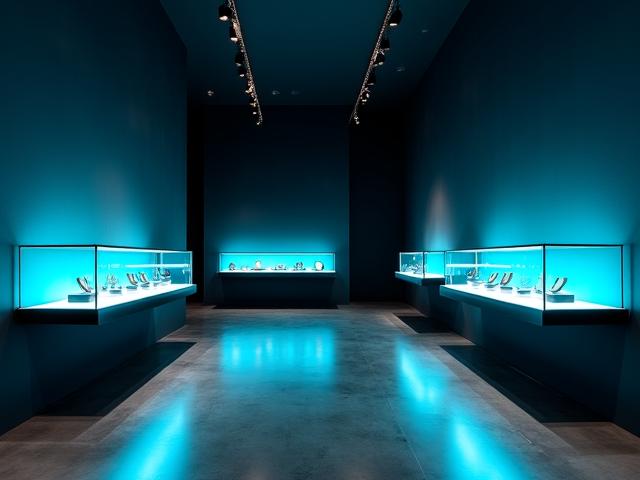 Minimalist jewelry showroom with dark lighting and spotlight displays